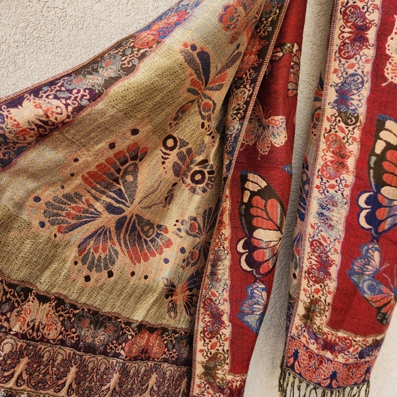 Butterfly Scarf Burgundy Beige Wrap Shawl Fringe 26 x 64 - Picture 6 of 7